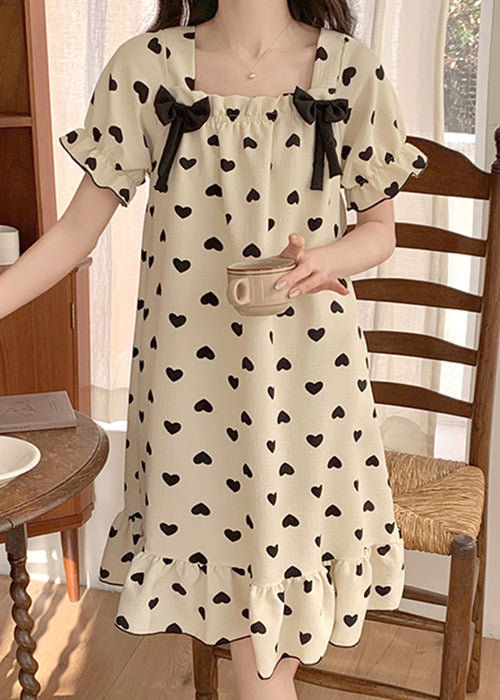 New White Bow Loving Heart Cotton Pajamas Long Dress Summer