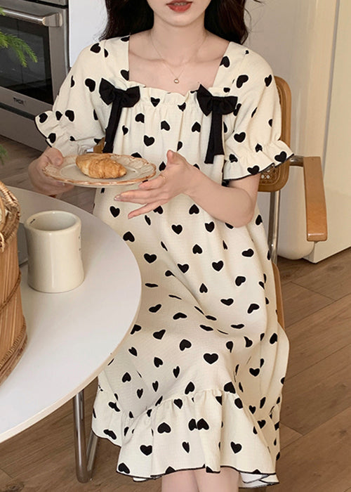 New White Bow Loving Heart Cotton Pajamas Long Dress Summer