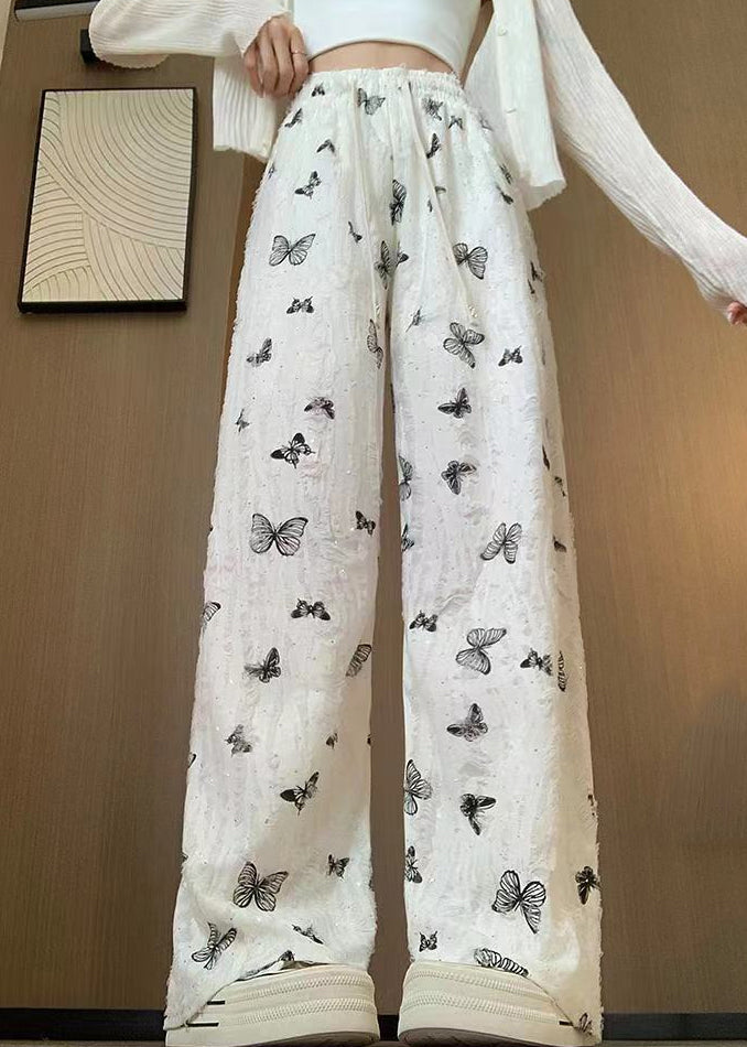 New White Butterfly Hollow Out Elastic Waist Cotton Pants Summer