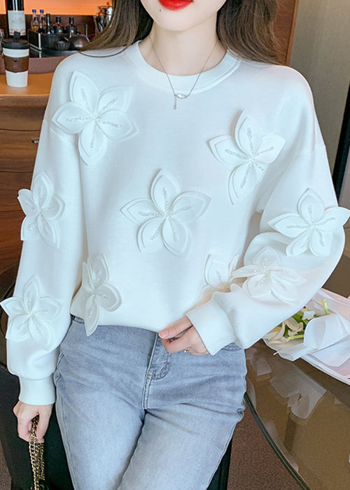 New White Floral Solid Patchwork Cotton T Shirt Fall