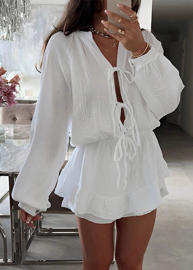 New White Lace Up Solid Cotton Mid Dress Spring