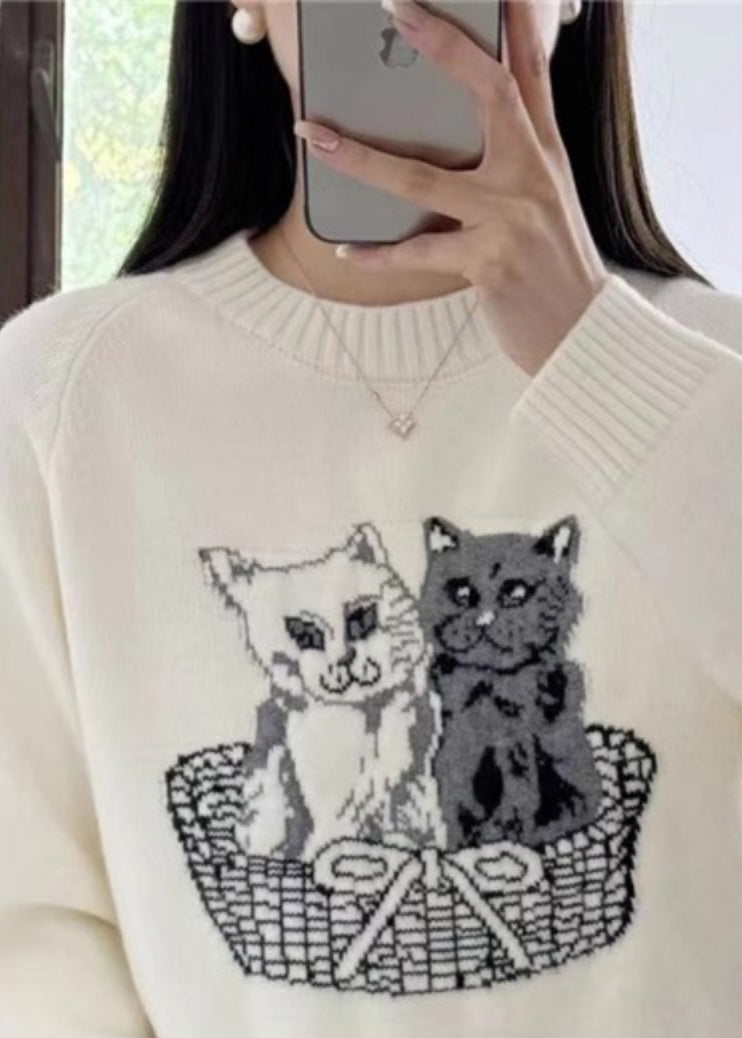 New White O Neck Animal Cozy Knit Sweaters Fall