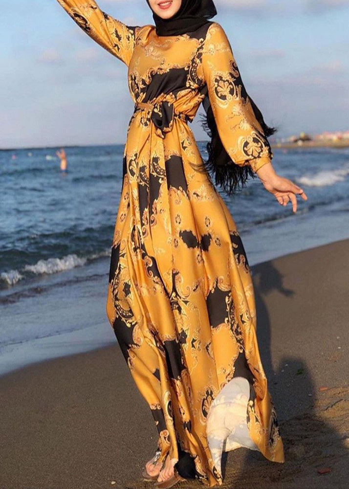 New White Print Tie Waist Cotton Maxi Dresses Spring