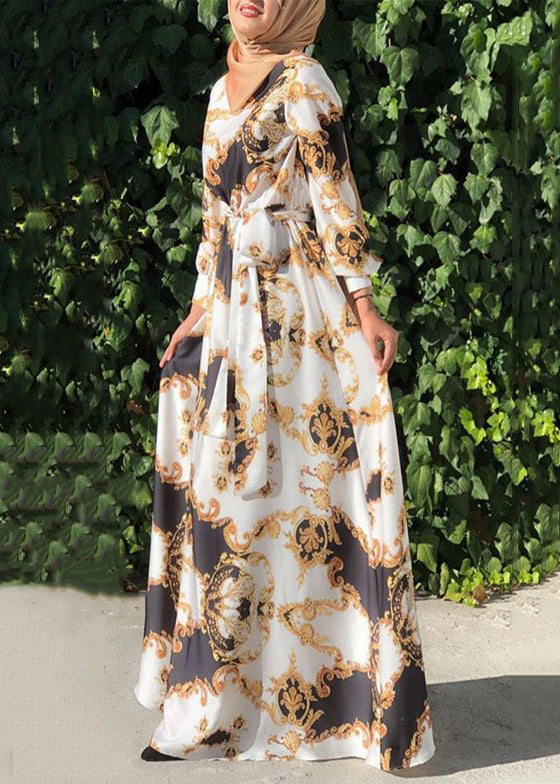 New White Print Tie Waist Cotton Maxi Dresses Spring