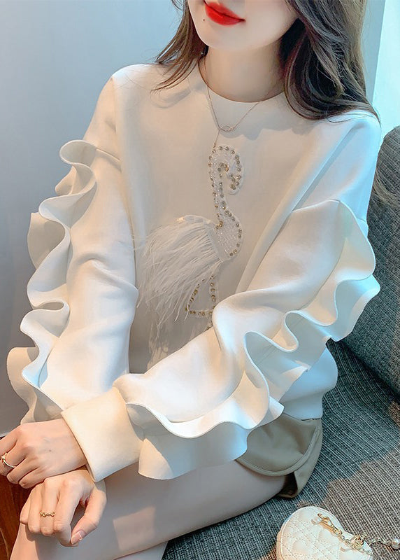 New White Ruffled Patchwork Cotton Sweatshirt Fall