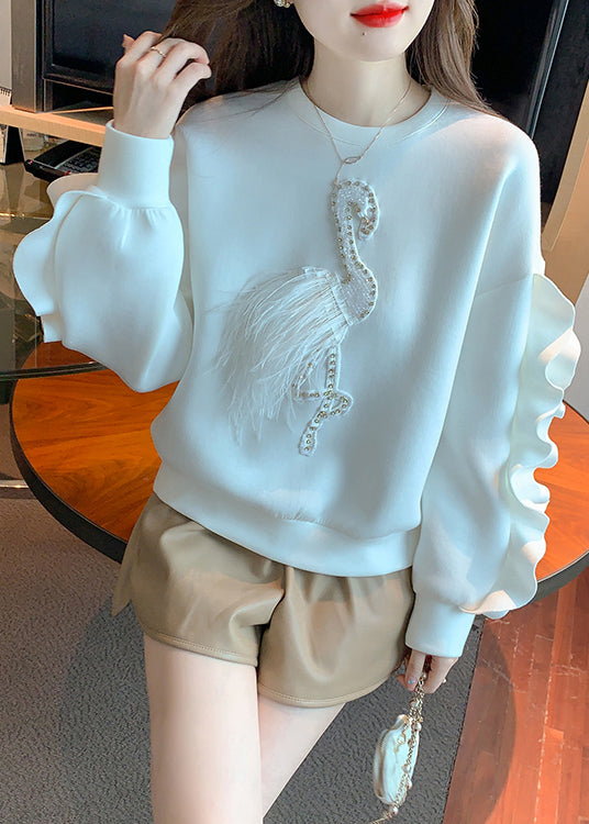 New White Ruffled Patchwork Cotton Sweatshirt Fall