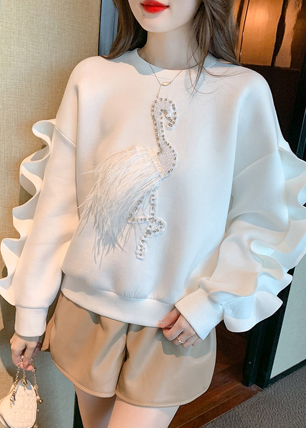 New White Ruffled Patchwork Cotton Sweatshirt Fall