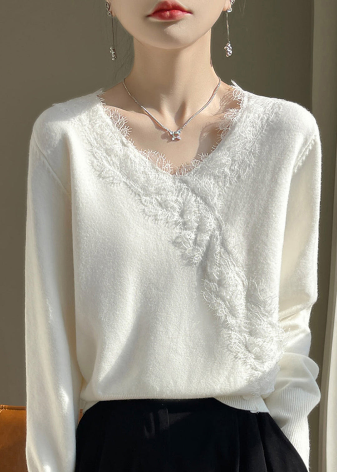 New White V Neck Lace Patchwork Knit Sweater Spring