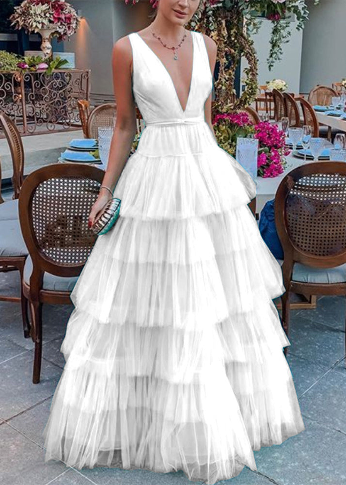 New White V Neck Solid Tulle Maxi Dresses Sleeveless