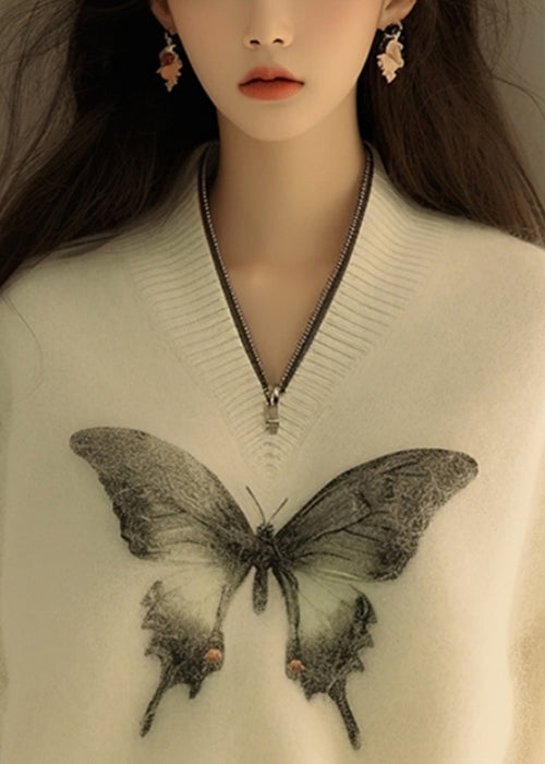 New White Zip Up Butterfly Print Knit Sweater Winter