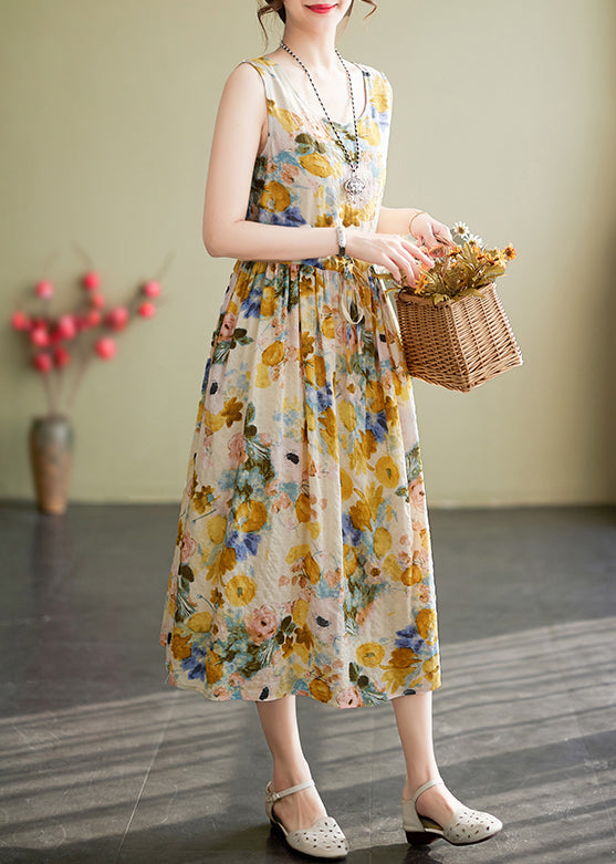 New Yellow O Neck Lace Up Print Cotton Long Dress Sleeveless