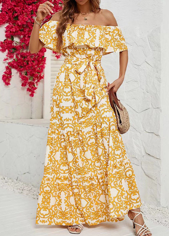 New Yellow Slash Neck Print Tie Waist Cotton Long Dress Summer