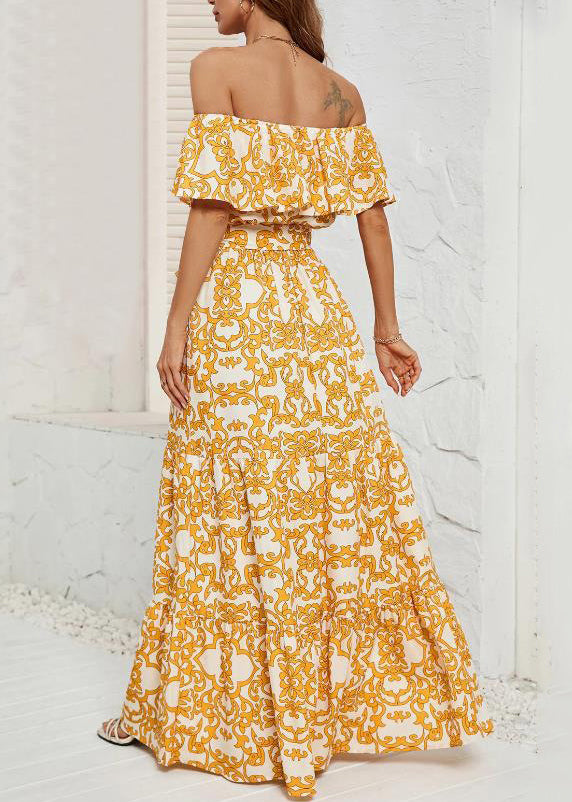 New Yellow Slash Neck Print Tie Waist Cotton Long Dress Summer