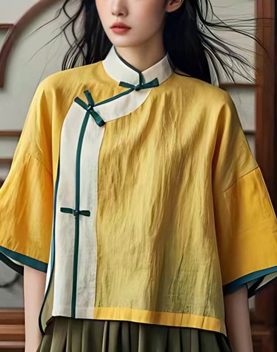 New Yellow Stand Collar Button Cotton Shirts Summer