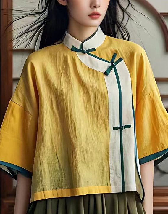 New Yellow Stand Collar Button Cotton Shirts Summer