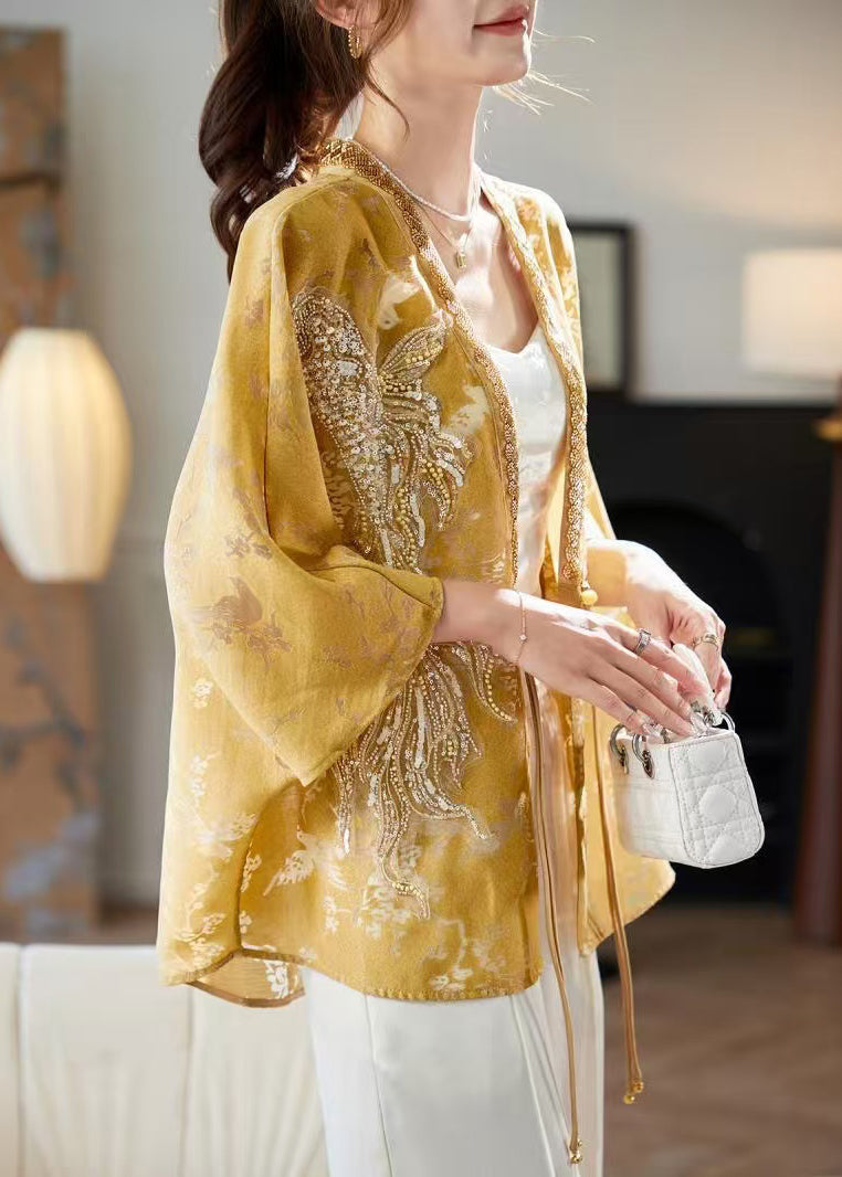 New Yellow V Neck Button Nail Bead Silk Shirt Batwing Sleeve