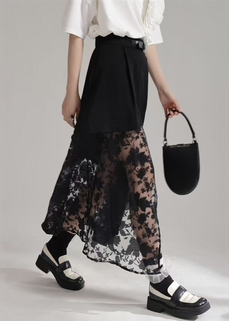 Novelty Black Asymmetrical Pockets Tulle Patchwork Skirts Summer