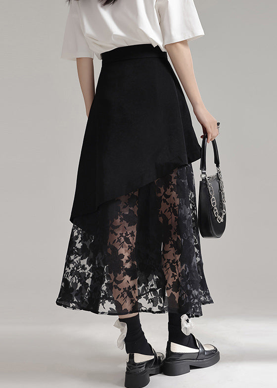 Novelty Black Asymmetrical Pockets Tulle Patchwork Skirts Summer