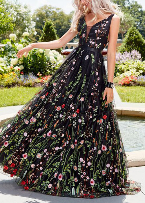 Novelty Black Embroidered Backless Tulle Maxi Dresses Sleeveless