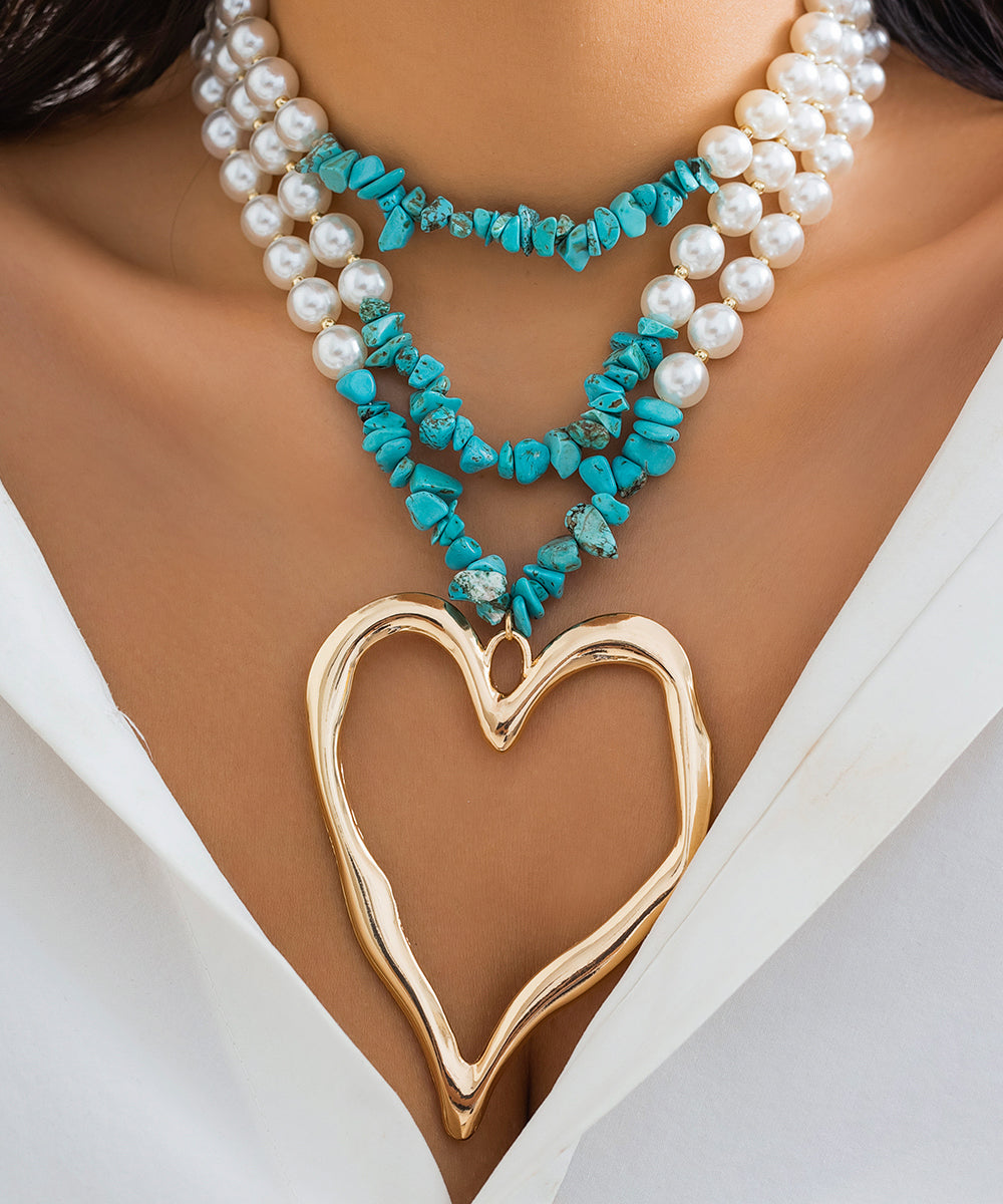 Novelty Blue Alloy Turquoise Pearl Multi Lay Peach Heart Pendant Necklace