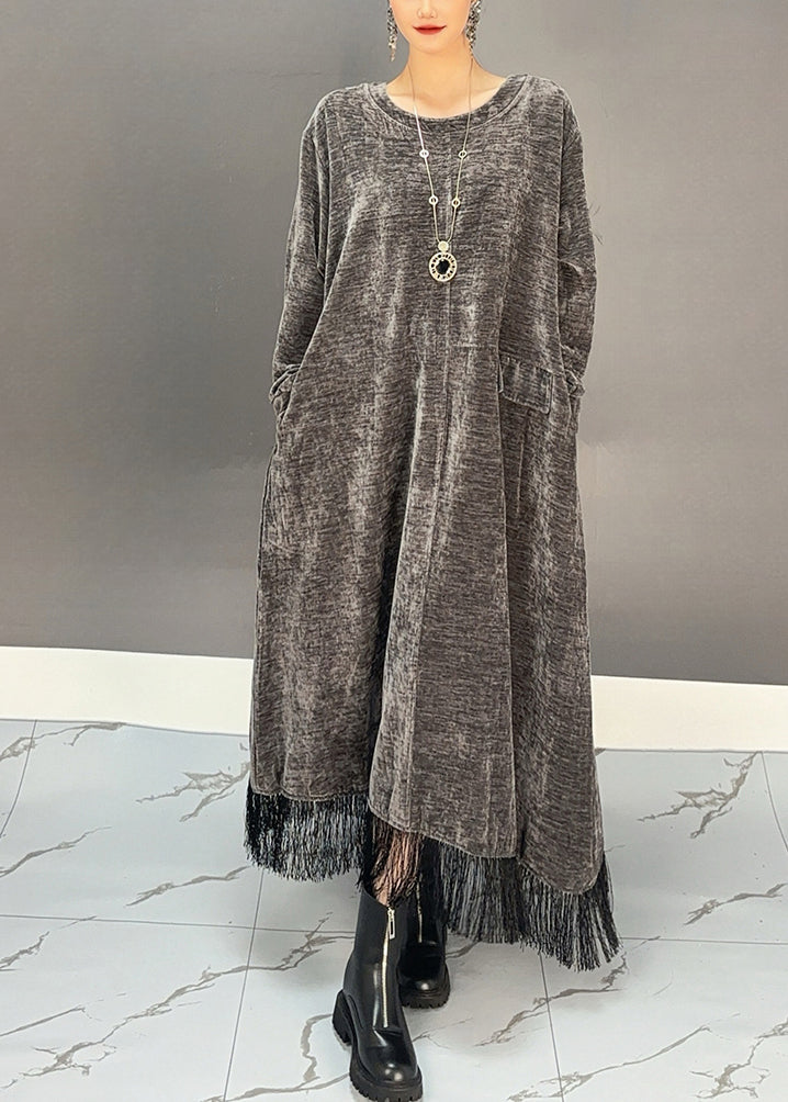 Novelty Dark Grey Asymmetrical Tassel Long Dress Spring