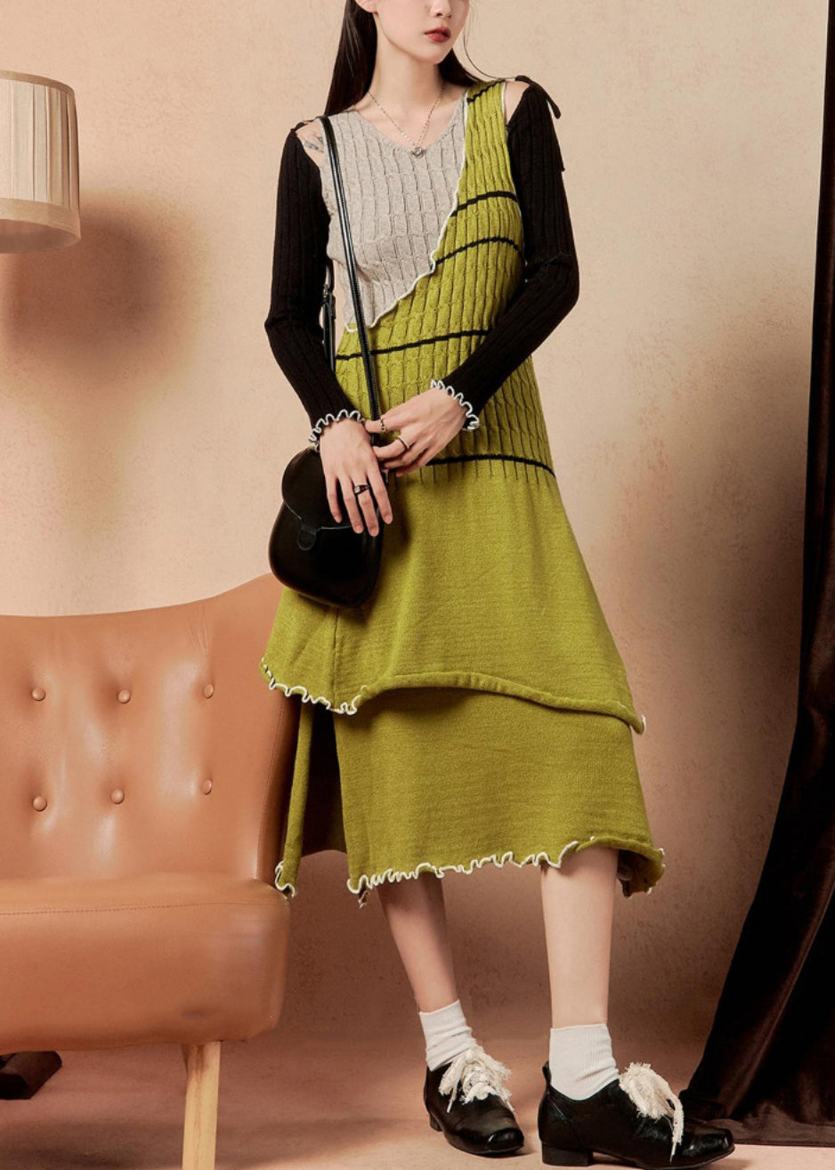 Novelty Green Asymmetrical Side Open Patchwork Knit Knitted Dress Winter