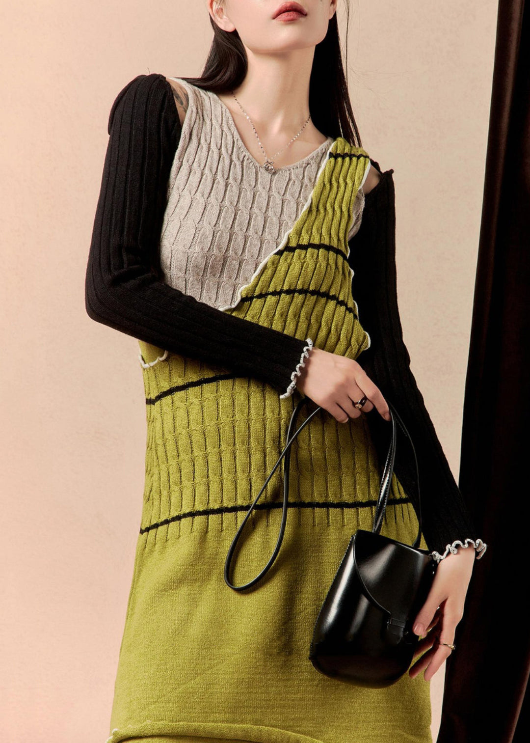 Novelty Green Asymmetrical Side Open Patchwork Knit Knitted Dress Winter