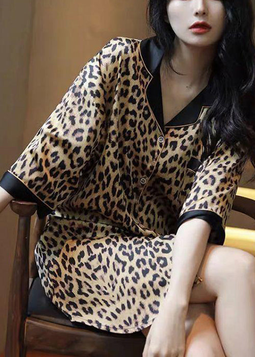 Novelty Leopard Peter Pan Collar Button Pajamas Shirts Dress Half Sleeve