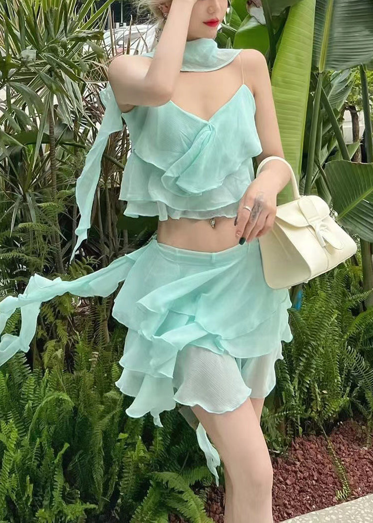 Novelty Light Blue V Neck Ruffled Chiffon Two Pieces Set Sleeveless