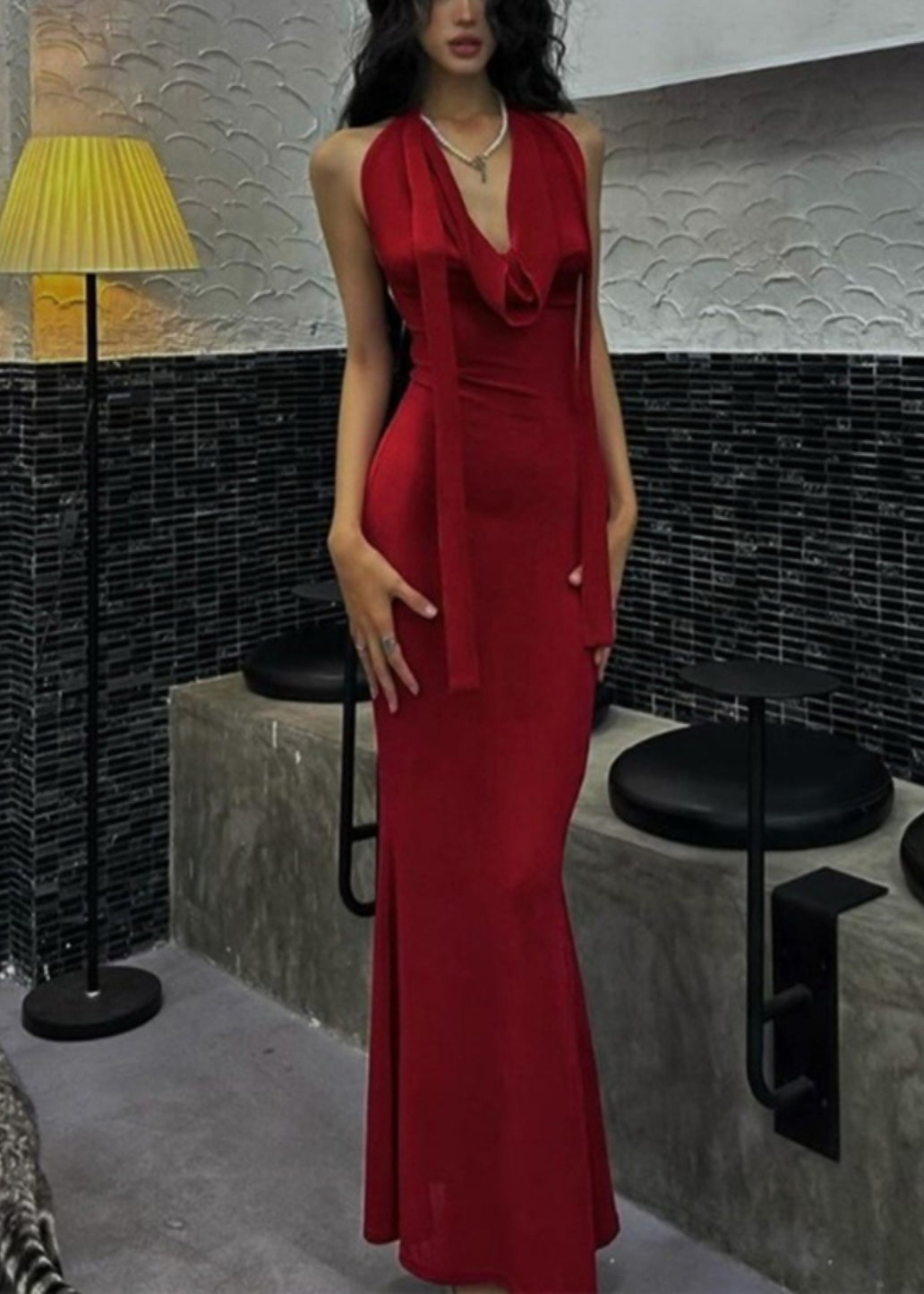 Novelty Red Halter Tie Waist Long Dresses Summer