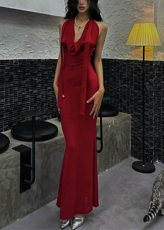 Novelty Red Halter Tie Waist Long Dresses Summer