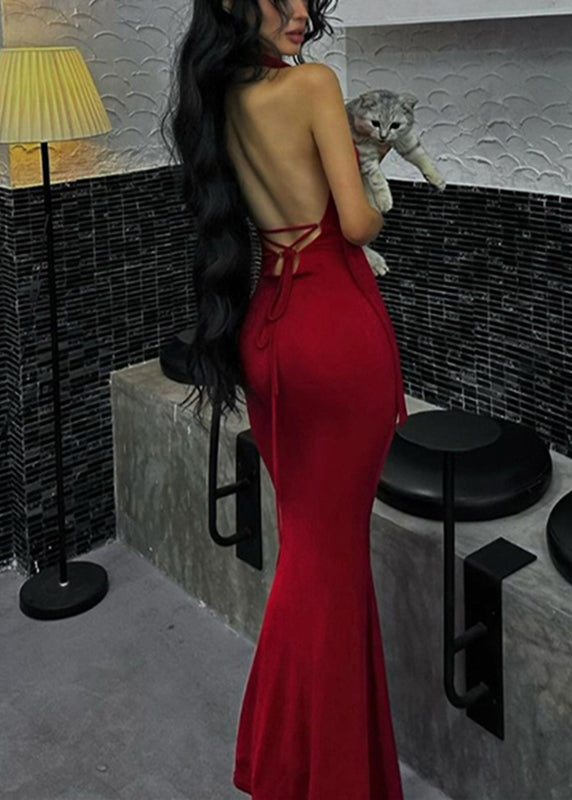 Novelty Red Halter Tie Waist Long Dresses Summer