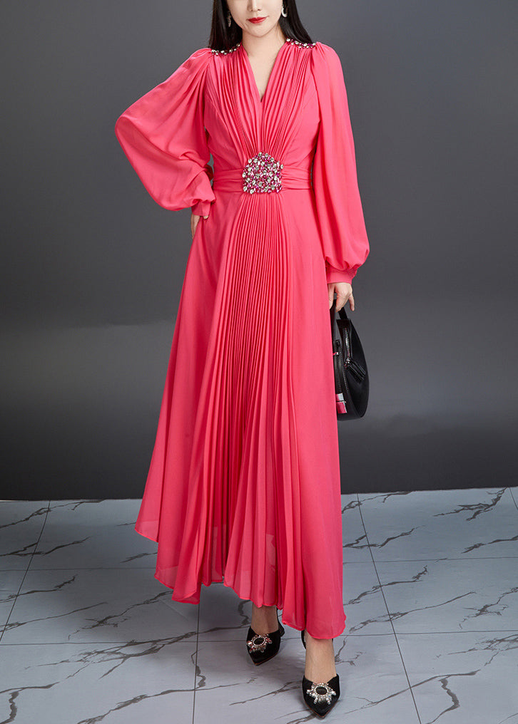 Novelty Red V Neck Wrinkled Chiffon Long Dress Fall