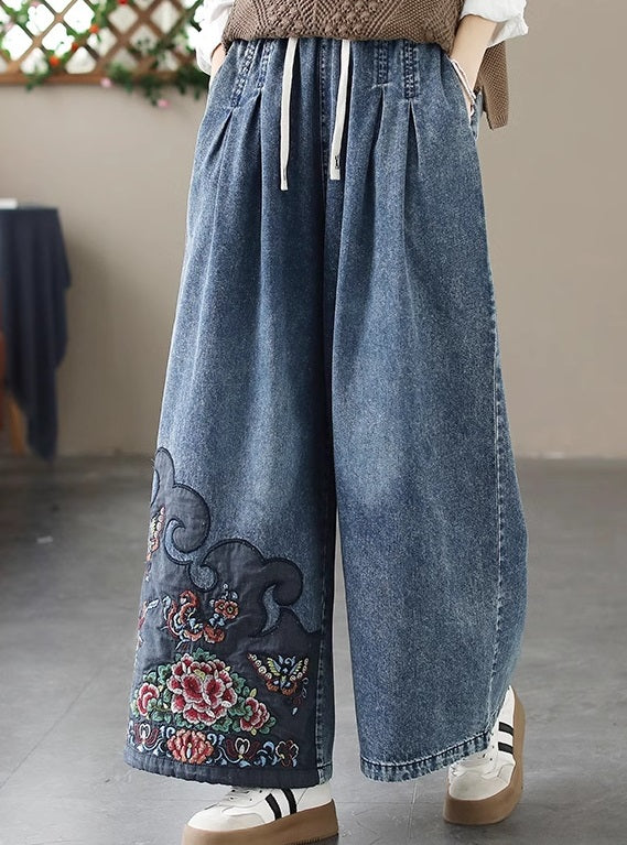 Retro Embroidered Elastic Waist Loose Wide Leg Jeans