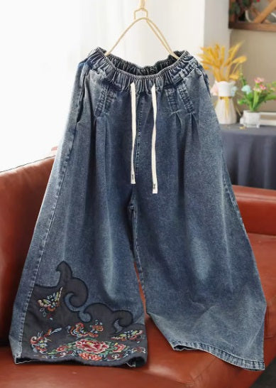 Retro Embroidered Elastic Waist Loose Wide Leg Jeans