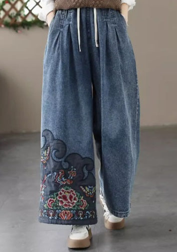 Retro Embroidered Elastic Waist Loose Wide Leg Jeans