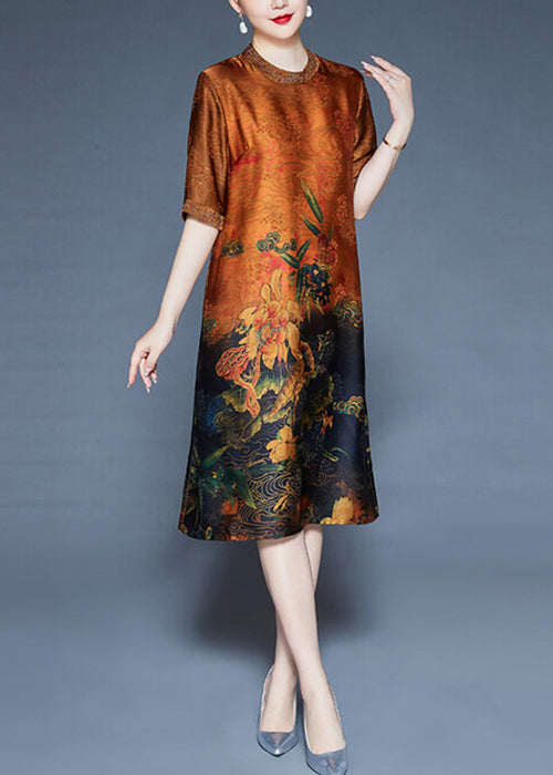 Orange Button Print Silk Dresses O-Neck Short Sleeve