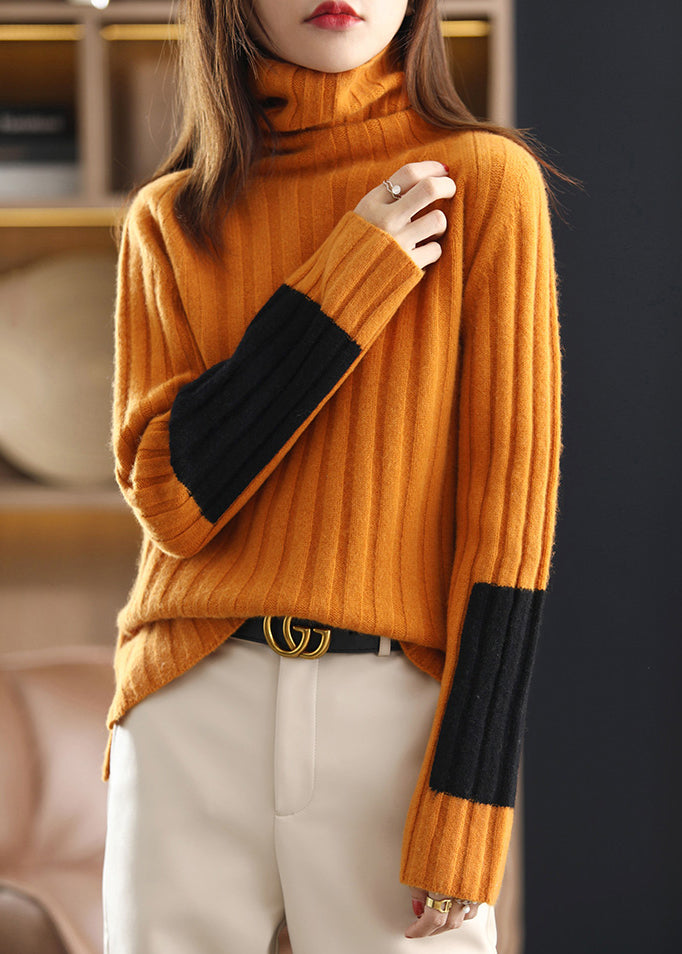 Orange Cozy Patchwork Woolen Sweater Turtleneck Spring