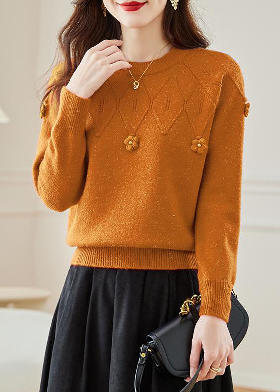 Orange Hollow Out Solid Knit Fall Sweaters O Neck