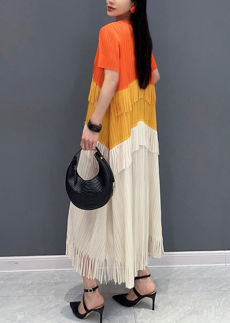 Orange Patchwork Silk Long Dress Tasseled O-Neck Summer