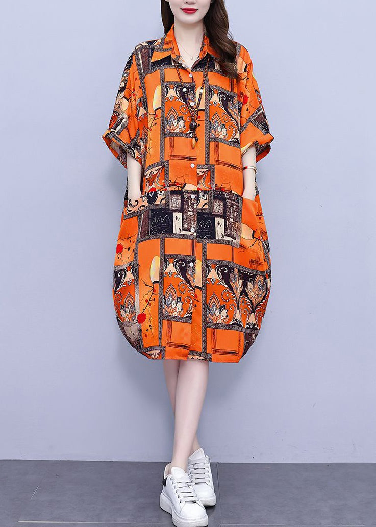 Orange Pockets Cotton Blouses Dress Peter Pan Collar Summer