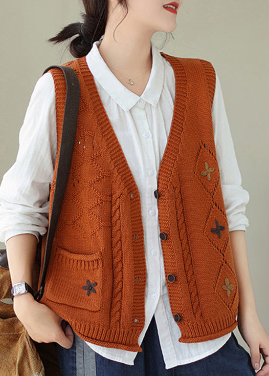 Orange Pockets Knit Vest V Neck Embroideried Fall