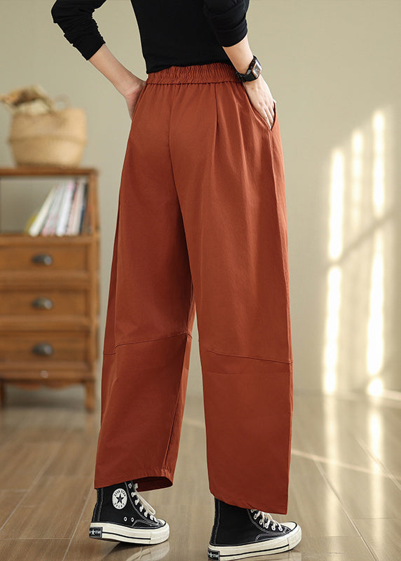 Orange Pockets Loose Cotton Pants Elastic Waist Fall