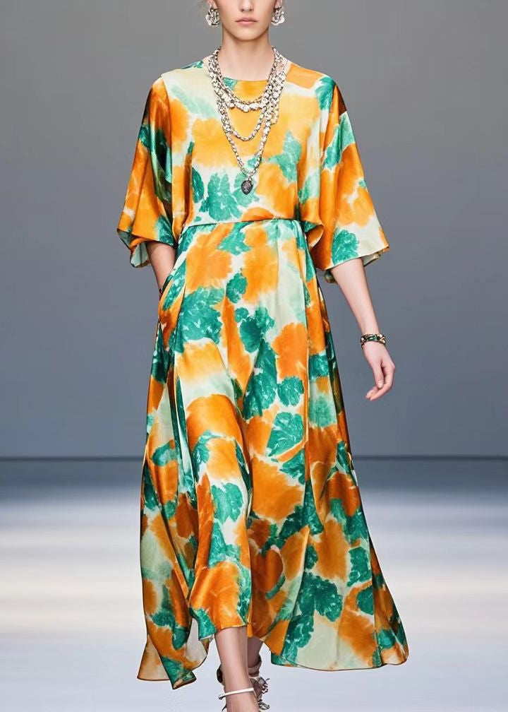 Orange Print Draping Silk Holiday Dress Oversized Summer