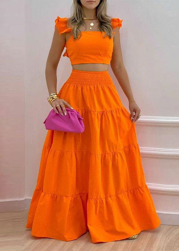 Orange Solid Elastic Waist Cotton Two Pieces Set Square Collar Sleeveless