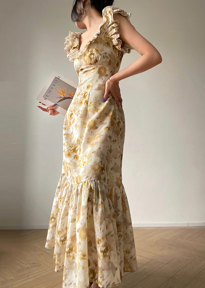 Organic Apricot Ruffles Print Silk Long Dresses Summer