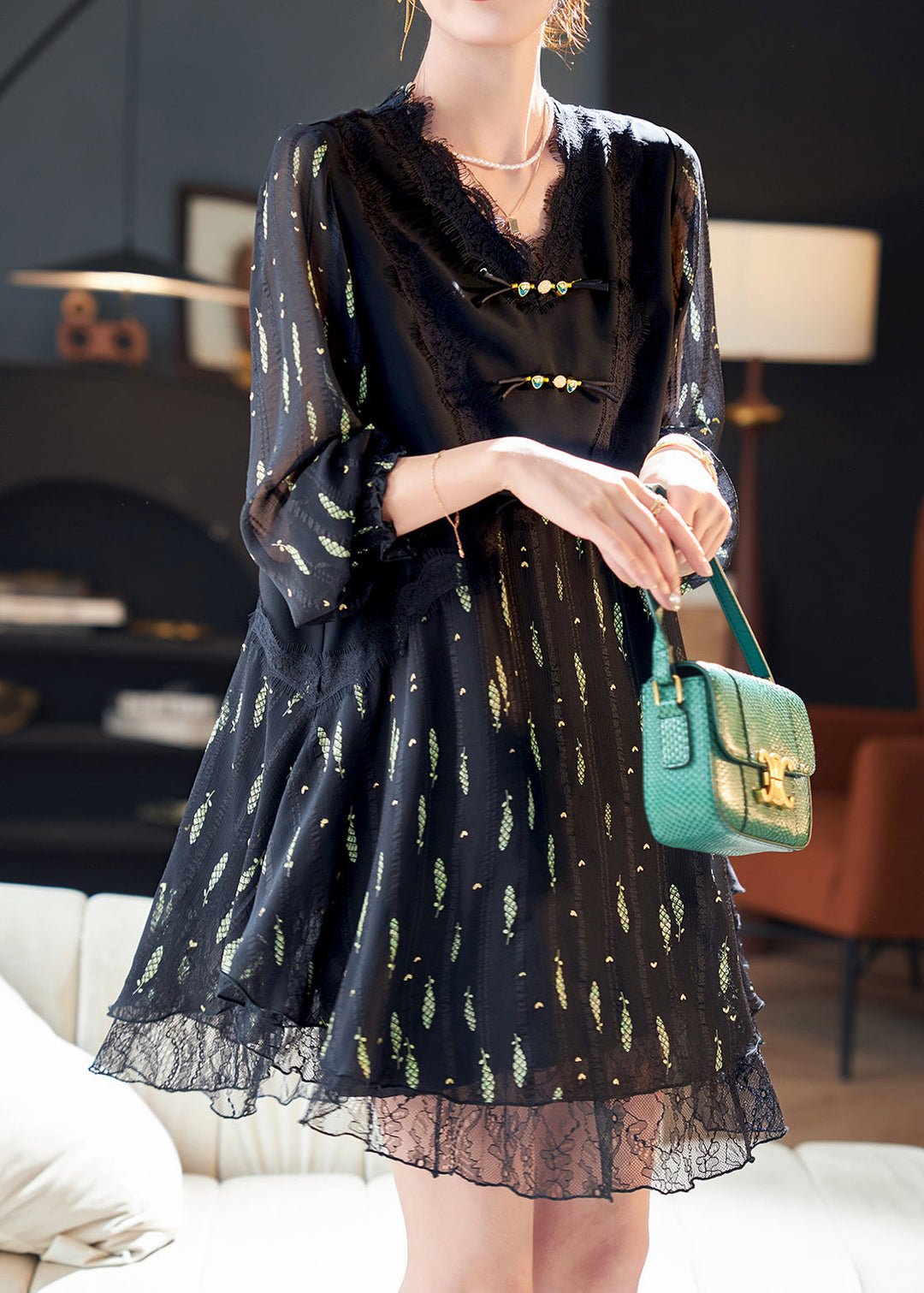 Organic Black Lace Print Button Fake Two Pieces Chiffon Mid Dress Fall