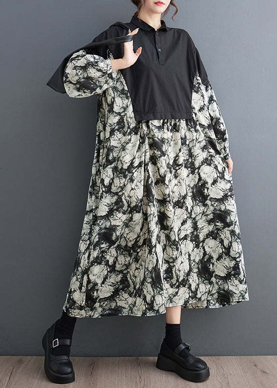 Organic Black Oversized Patchwork Cotton Maxi Dresses Fall