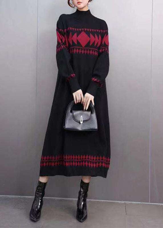 Organic Black Turtleneck Cozy Cotton Knit Long Sweater Dress Winter