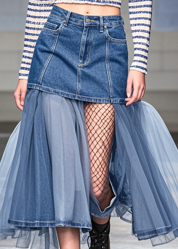 Organic Blue Asymmetrical Patchwork Tulle Denim Skirts Summer